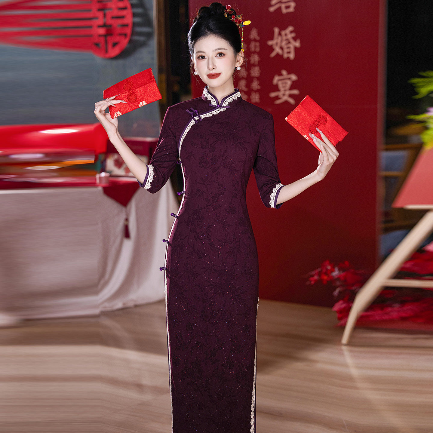 紫色喜婆婆妈妈婚宴装旗袍礼服改良版2026新款春季年轻款日常可穿