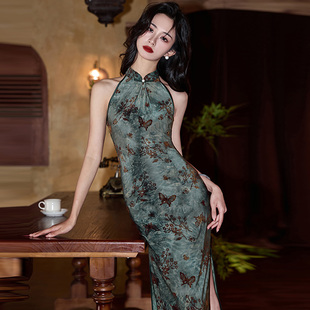 上海滩民国复古改良挂脖露肩旗袍2025新款年轻款新中式轻奢高级感