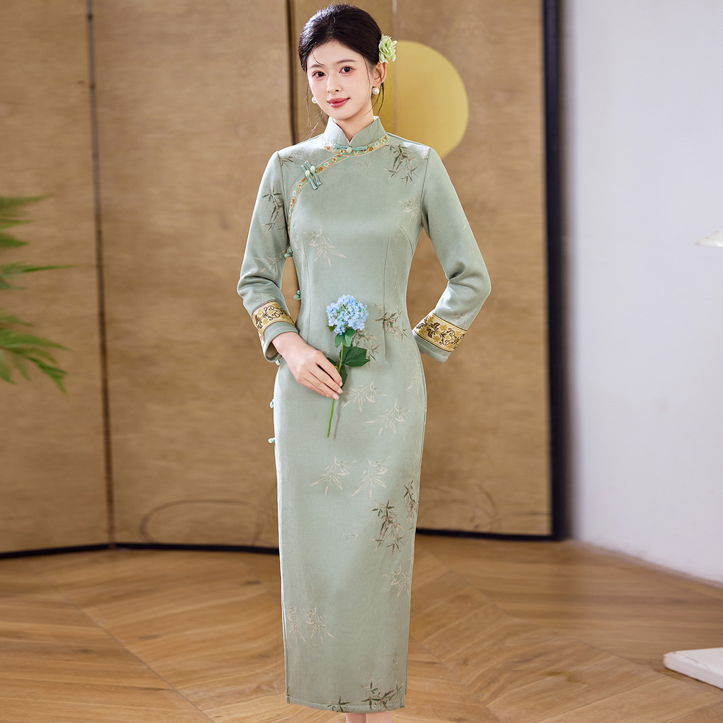 麂皮绒加厚加绒旗袍冬装复古国风