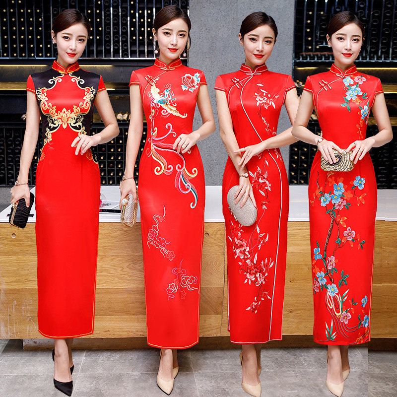 敬酒服走秀演出年会大码红色旗袍