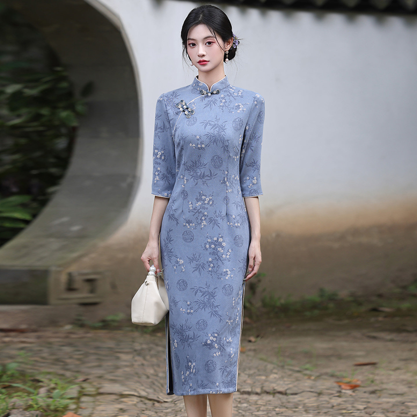 新中式改良复古浅蓝色旗袍2026春新款七分袖年轻款小个子日常可穿