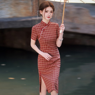 老上海旗袍女新中式民国风格子2025新款夏季日常复古小个子中长款