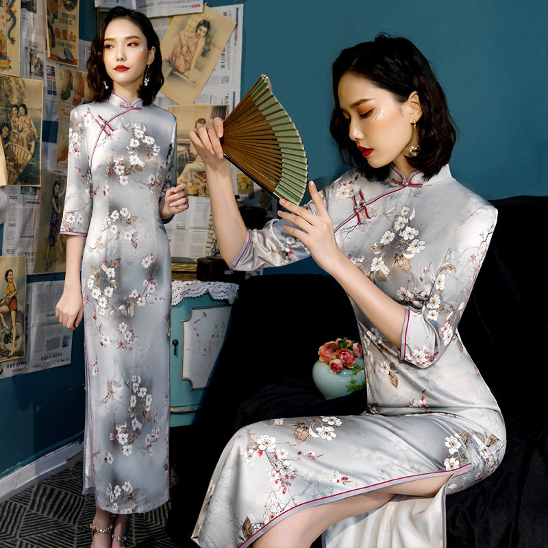 真丝改良版连衣裙2026年春秋装新款中长袖长款旗袍女双层大码优雅