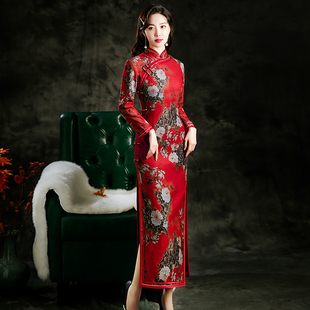 加厚加绒旗袍长款秋冬季2025年新款传统侧八扣双包边红色过年国风