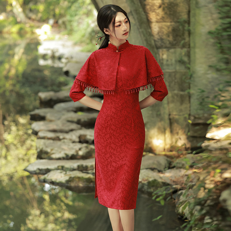 蕾丝改良旗袍年轻款气质高端2026年新款春装中款七分袖披肩套装