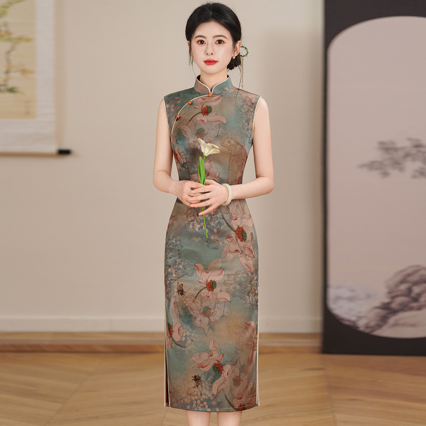 新中式复古莲花无袖旗袍夏小个子