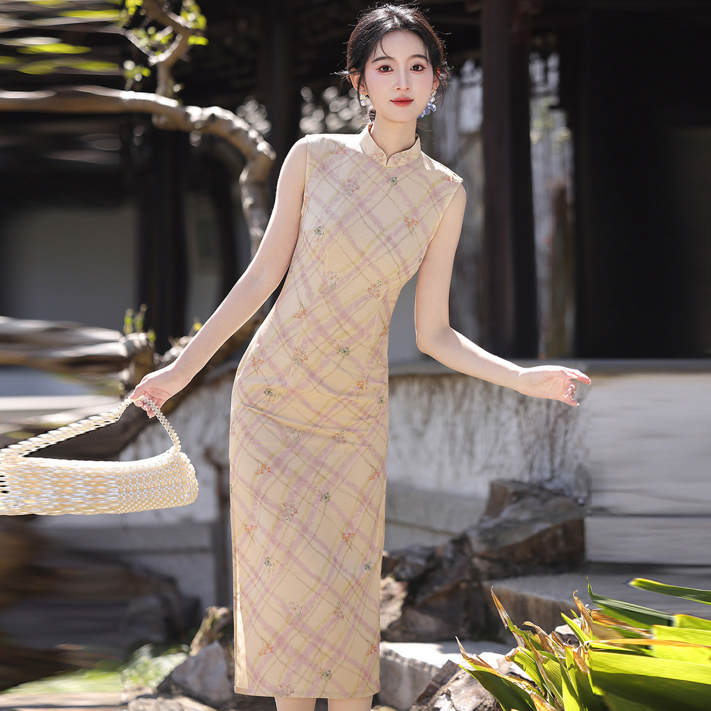 竹节麻印花旗袍裙女夏无袖年轻款