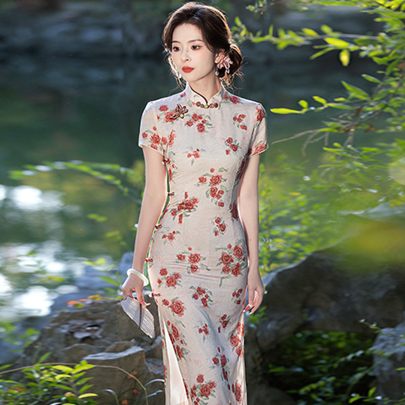 醋酸缎印花年轻款女改良旗袍2026新款夏季中长款日常可穿优雅气质