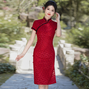 红色蕾丝短款旗袍2025新款夏季年轻款复古日常可穿高端大气上档次