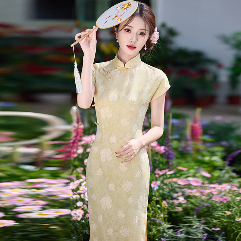 小清新日常可穿素雅竹节麻旗袍夏