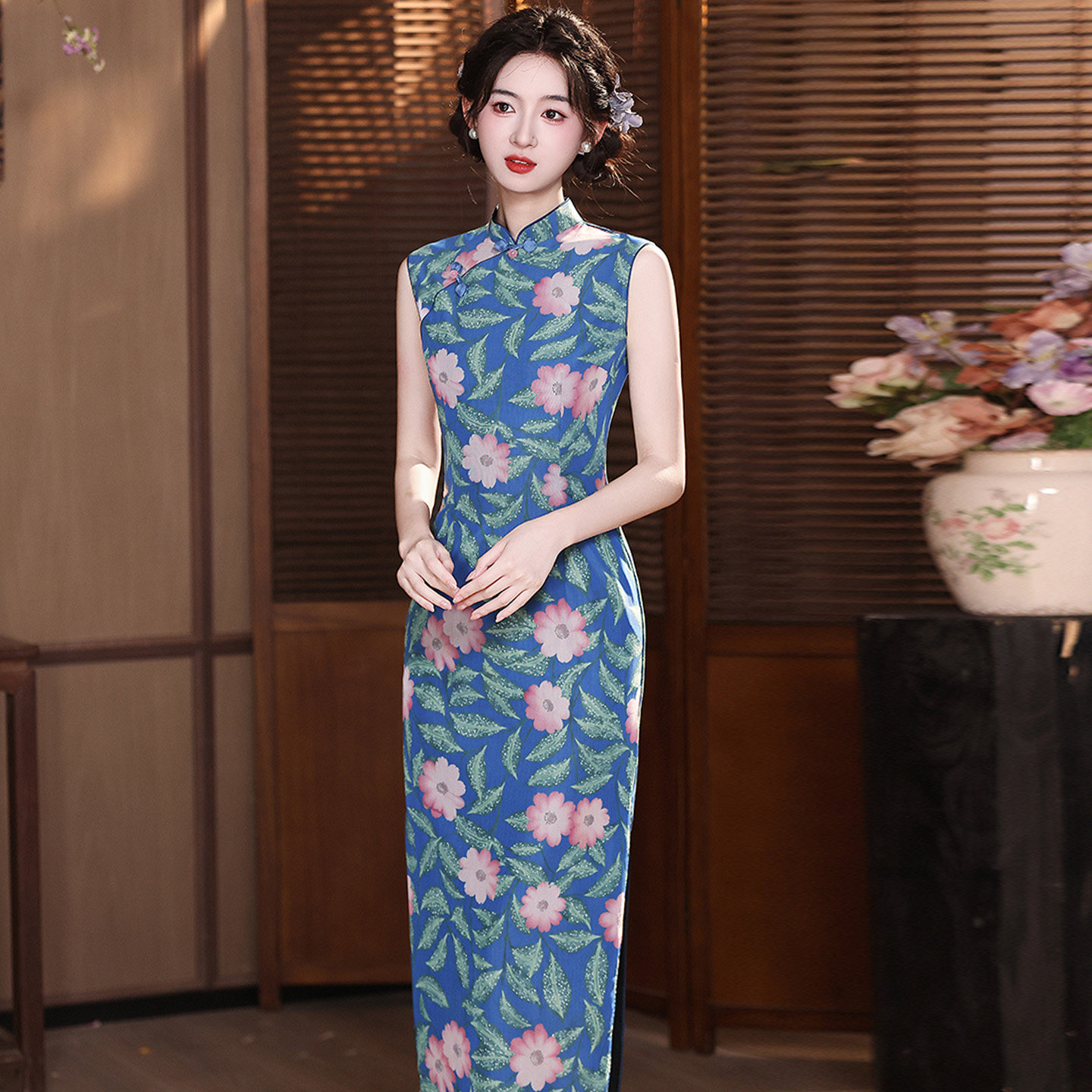 绝美蓝色网纱旗袍裙夏无袖高级感
