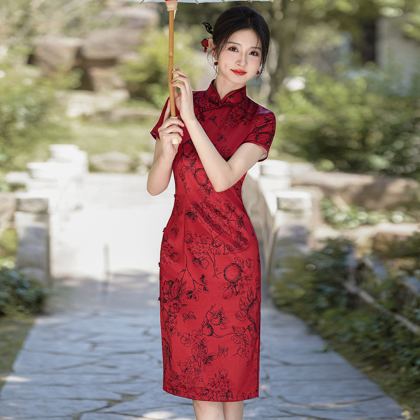 红色真丝绸古法旗袍短款2026新款夏季日常复古中年女年轻款有大码