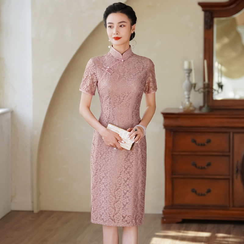 粉色蕾丝旗袍连衣裙2025春夏新款改良年轻款女短款小个子日常可穿