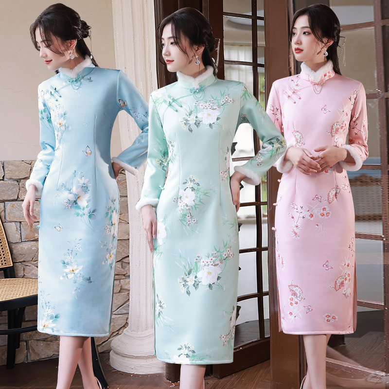 加厚加绒旗袍冬款日常保暖连衣裙