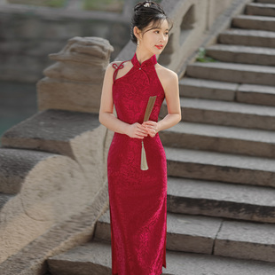 新中式红色蕾丝提花挂脖旗袍2025新款年轻款少女甜美可爱复古性感