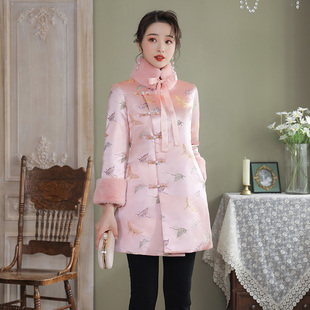 保暖兔毛领中长款棉服外套冬装季新款年轻款少女优雅粉色中国潮风
