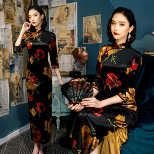 夜玫瑰老上海加厚金丝绒长款中长袖改良版旗袍连衣裙晚礼服中国风