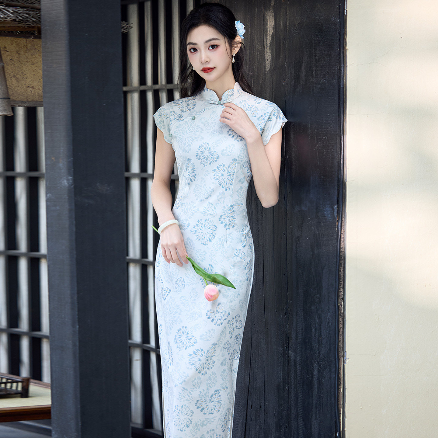 竹节麻单层波浪门襟长款旗袍礼服
