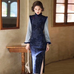 2025新款 新中式 冬季 长袖 民国复古连衣裙女 改良木棉绒加厚旗袍长款