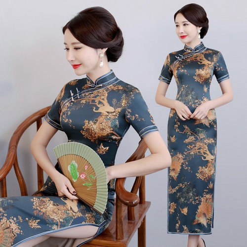 重磅真丝桑蚕丝长款复古风旗袍裙