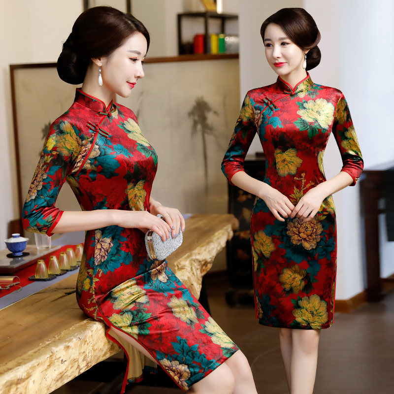 春秋季丝绒优雅风大码复古妈妈装