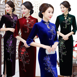 高档改良金丝绒旗袍中长款长袖2025年新款女春秋季加厚保暖妈妈装