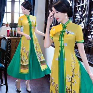 阿勇旗袍连衣裙2025夏秋新款真丝绸长款越南旗袍奥黛两件套装大码