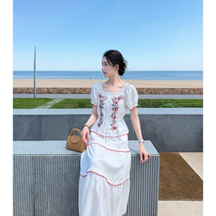 Zwinnie詹维尼【小红花刺绣】莱赛尔纤维亚麻松紧腰套装GHH202607
