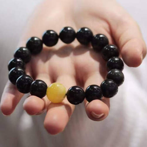 w天然黑曜石手串男士盘玩蜜蜡文玩佛珠本命年转运珠手链正品