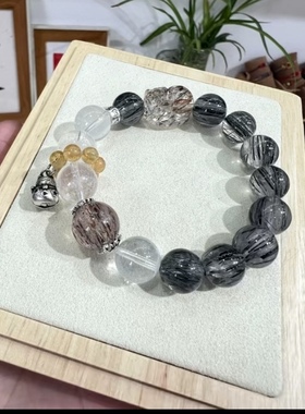 W天然黑发晶貔貅手链男女黑色水晶手串男补水发晶情侣礼物饰品