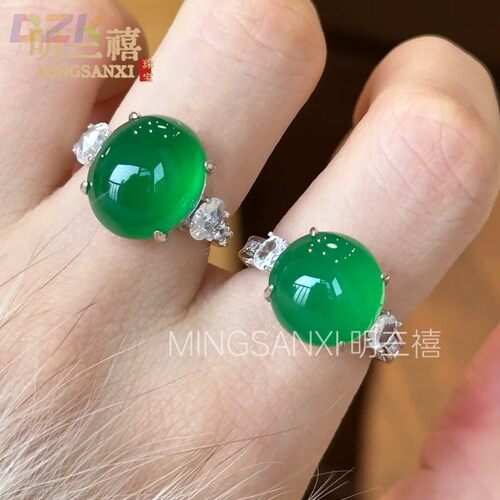 天然绿玉髓女士戒指绿色鸽子蛋镶嵌女款粉色活口白玛瑙女戒中国风