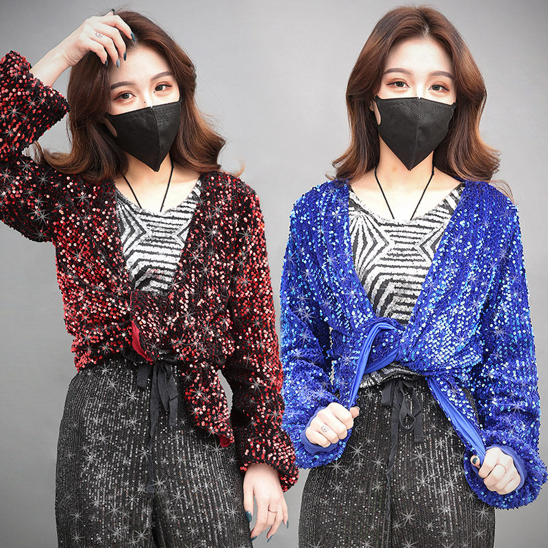 蝴蝶結亮片釘珠重手工夜空黑襯衫長袖上衣開襟襯衫綁帶外套開衫潮在類目 女裝/女士精品, 短外套中 - 來自Buy2taobao.com提供專業的淘寶代購服務