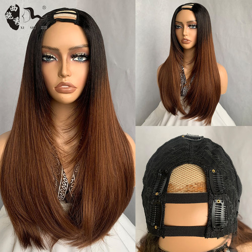 欧美时尚黑棕色长直发假发女士头套U part straight wigs #1B/30