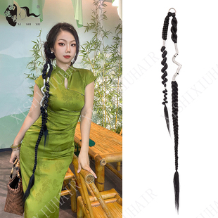 新中式假发辫子长款假马尾麻花辫仿真汉服旗袍古风国风扣环脏辫女