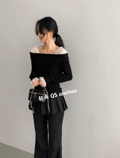 onetwo韩系温柔一字肩拼接网纱气质氛围感百搭打底衫女内搭上衣