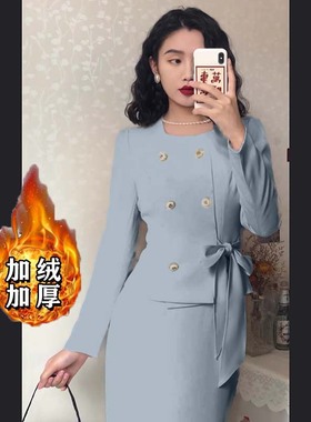 【加绒加厚】【两件套】法式优雅高级蝴蝶结复古裙套装D3935