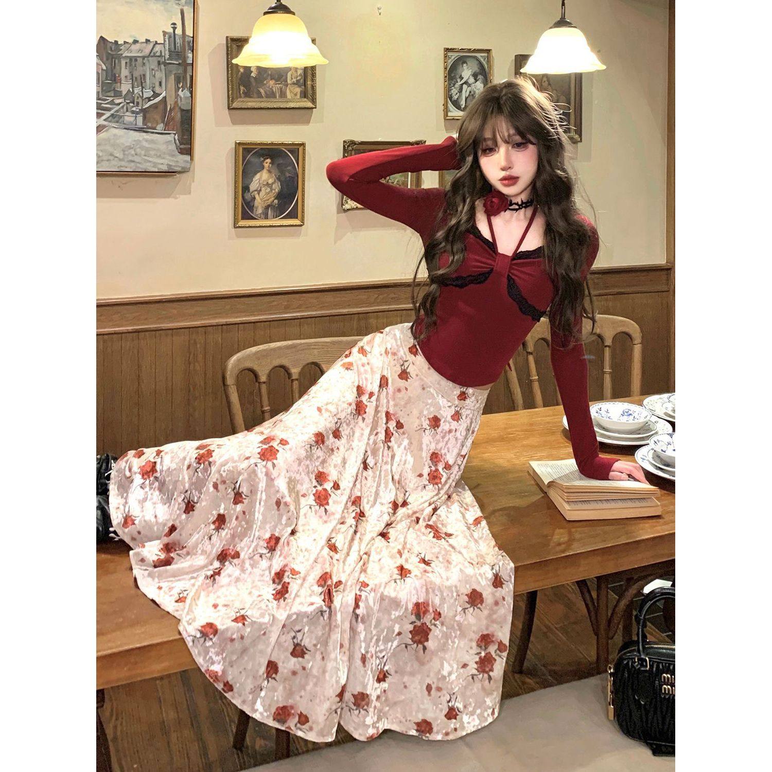 日暮玫瑰 复古红玫瑰收腰显瘦内搭上衣+半身裙两件套装冬季新款女,女装/女士精品,时尚套装,淘宝优惠券,粉丝福利购,淘宝优惠卷