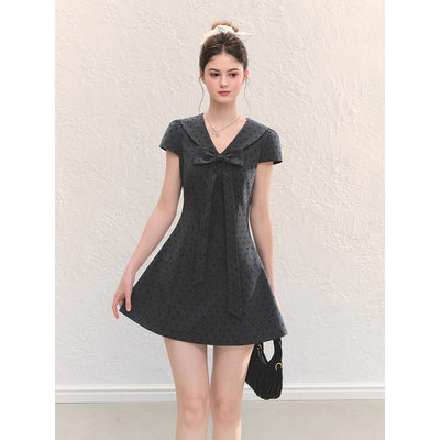 夏季新款miu系复古波点灰色连衣裙蝴蝶结飘带娃娃领A字短裙D3028