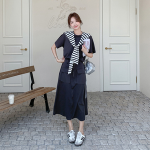 韩版设计感气质减龄假两件连衣裙女2025夏季新款条纹披肩A字长裙图片