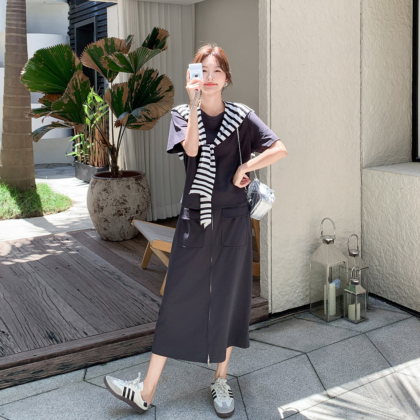 韩版设计感气质减龄假两件连衣裙女2025夏季新款条纹披肩A字长裙,女装连衣裙,2C302