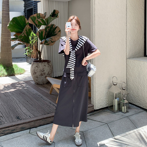 韩版设计感气质减龄假两件连衣裙女2025夏季新款条纹披肩A字长裙图片