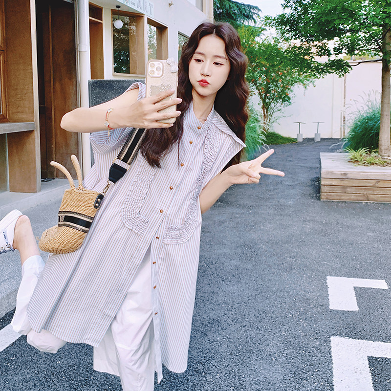 设计感减龄条纹无袖衬衫连衣裙套装女2025夏新款休闲阔腿裤两件套,女装套装/套裙,2C302