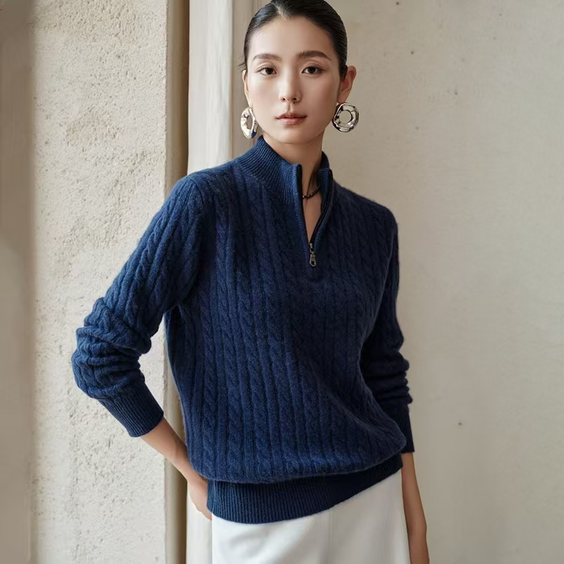 【康线】扭花厚款山羊绒半拉链羊绒衫