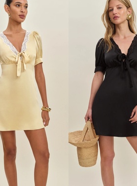 Avla 法式 复古 真丝 蕾丝拼接 绑带 短袖 连衣裙 短裙