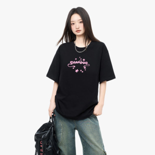 百搭修身 休闲男女同款 上衣 潮牌粉星印花T恤圆领宽松短袖 230g夏季
