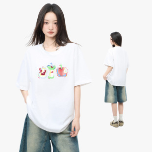 纯棉230g重磅潮流彩格苹果女士短袖 t恤日系宽松青少年创意体恤衫