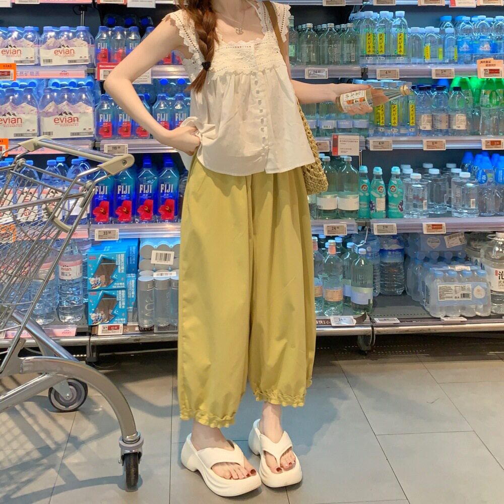 夏季新款简约通勤高腰九分休闲阔腿裤薄款多巴胺速干灯笼裤女