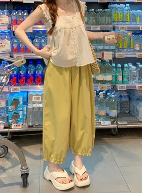 夏季新款简约通勤高腰九分休闲阔腿裤薄款多巴胺速干灯笼裤女