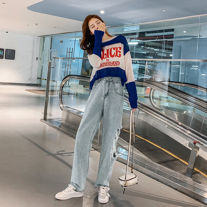 ifashion泫雅破洞牛仔裤+上衣两件套2019初秋新款针织网红套装女12-05新券