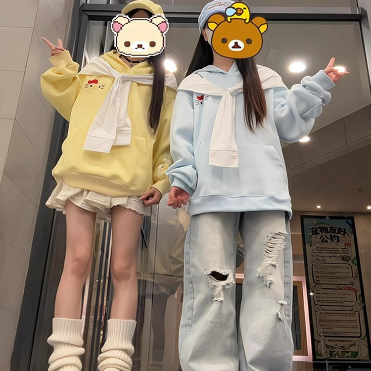 特大码300斤薄款kt猫耳朵披肩连帽卫衣女春秋新款设计感宽松帽衫